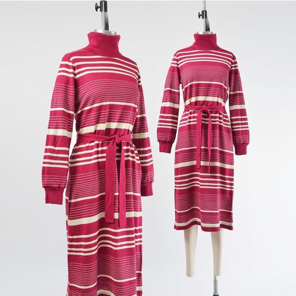 Vintage 70s Striped Sweater Dress Turtleneck Knit Dress with Tie Belt XS S - Picture 1 of 9